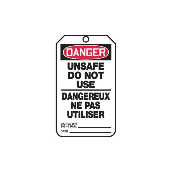 Accuform French Bilingual Safety Tags, DANGER UNSAFE DO NOT USE, 5.75in x 3.25in, RPPlastic